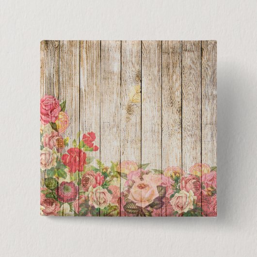 Rustische Romantische Rozen Hout Vierkante Button 5,1 Cm (Voorkant)