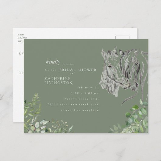 Rustische Sage-paarden Duivende Vrijgezellenfeest Uitnodiging Briefkaart (Voorkant / Achterkant)