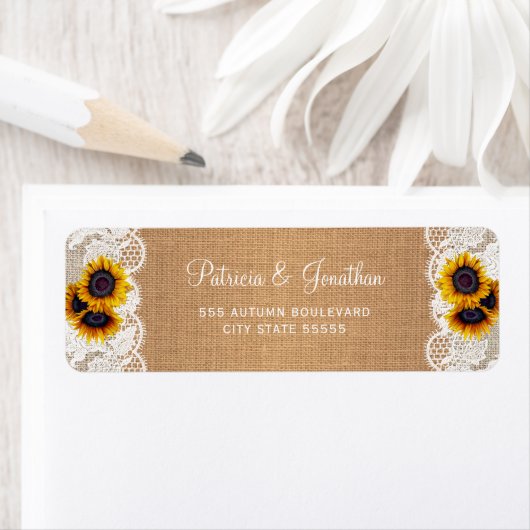 Rustische schoot en zonnige zonnebloemen bruiloft etiket (Insitu)