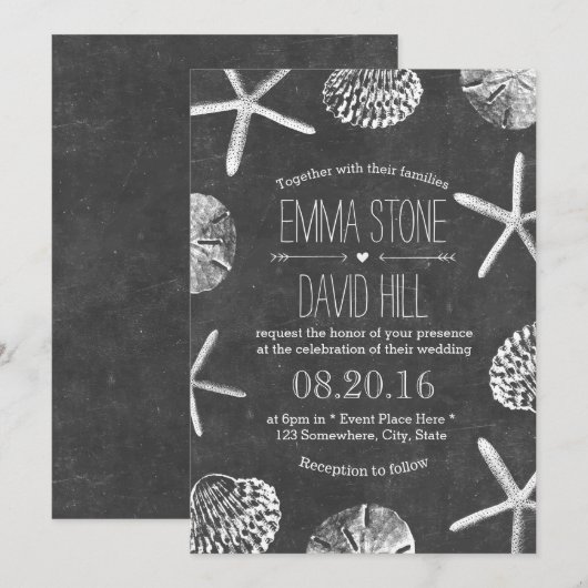 Rustische strand Seashells  Chalkboard Wedding Kaart (Voorkant / Achterkant)