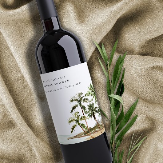 Rustische Tropische Palmboom Strand Bruidsdouche Wijn Etiket