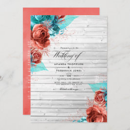 Rustische  Turquoise en koraal Floral Wedding Kaart