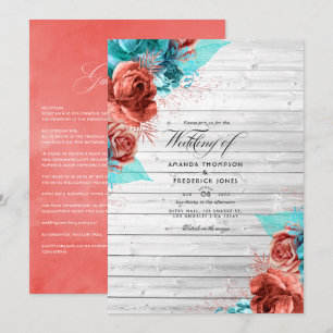 Rustische  Turquoise en koraal Floral Wedding Kaart