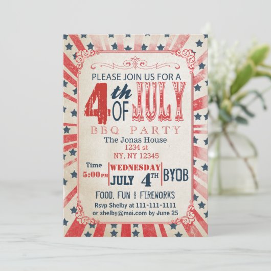 Rustische  Uitnodiging vierde feestdag juli (Staand voorkant)
