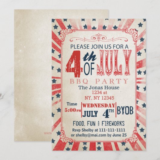 Rustische  Uitnodiging vierde feestdag juli (Voorkant / Achterkant)