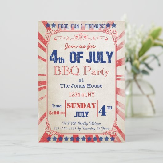 Rustische Uitnodiging vierde feestdag juli (Staand voorkant)