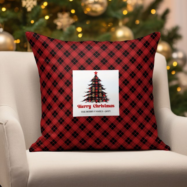 Rustische vakantie geruite kussen met eigen famili (Rustic Holiday Plaid Custom Family Name Pillow)