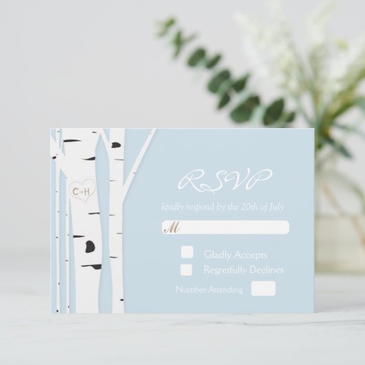 Rustische vogelboom - Heart Icy Blue Wedding RSVP  Kaartje (Staand voorkant)