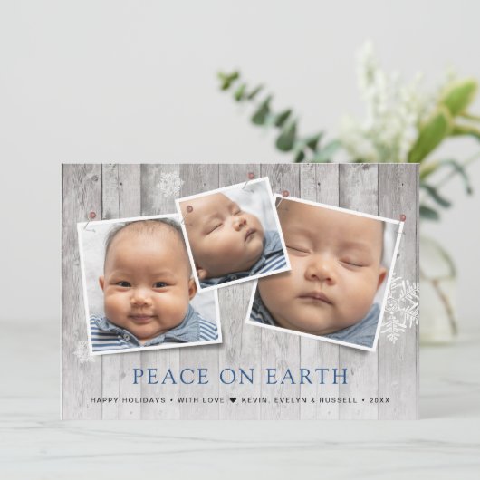 Rustische vrede op aarde 3 gefingeerde foto's feestdagenkaart (Staand voorkant)