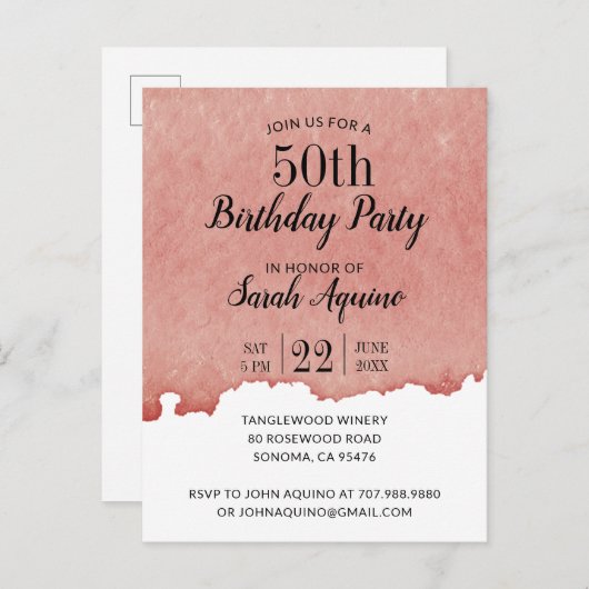 Rustische Waterverf 50e verjaardag Wijnthema Uitnodiging Briefkaart (Voorkant / Achterkant)