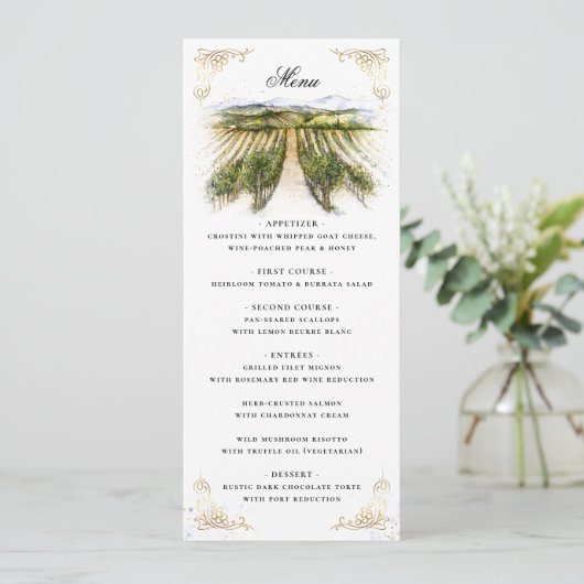 Rustische Waterverf Elegant Vineyard Wedding Menu (Staand voorkant)