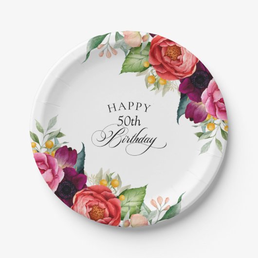 Rustische Waterverf Floral 50e verjaardag Papieren Bordje (Voorkant)