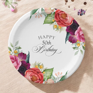 Rustische Waterverf Floral 50e verjaardag Papieren Bordje