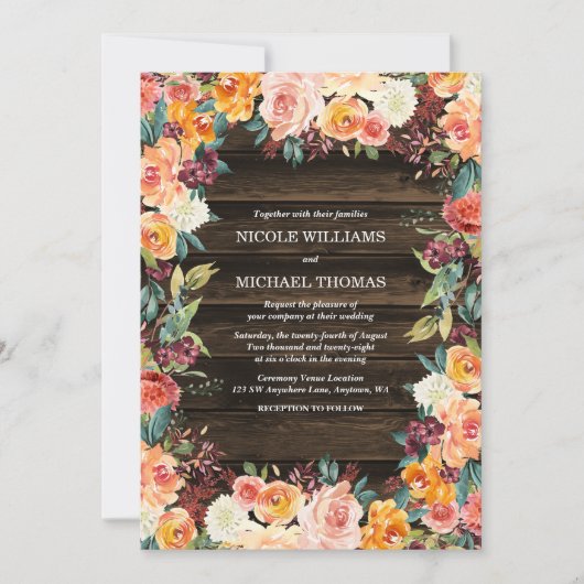 Rustische Waterverf Floral Fall Wedding Invitation Kaart (Voorkant)