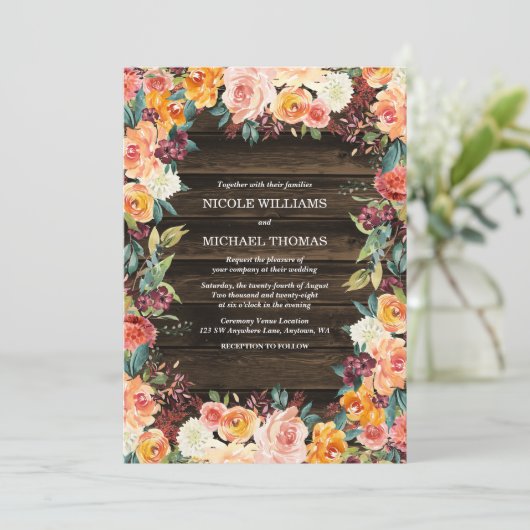Rustische Waterverf Floral Fall Wedding Invitation Kaart (Staand voorkant)