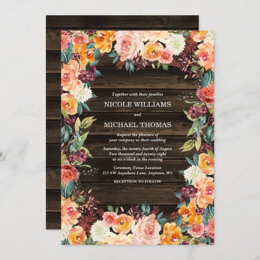 Rustische Waterverf Floral Fall Wedding Invitation Kaart (Voorkant / Achterkant)