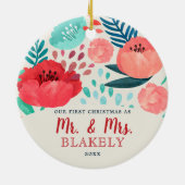 Rustische Waterverf Floral Pas getrouwd op maat Keramisch Ornament (Achterkant)