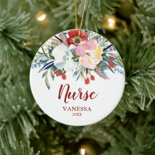 Rustische Waterverf Floral Personalized Nurse Keramisch Ornament