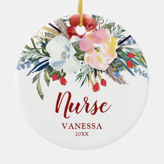 Rustische Waterverf Floral Personalized Nurse Keramisch Ornament (Achterkant)