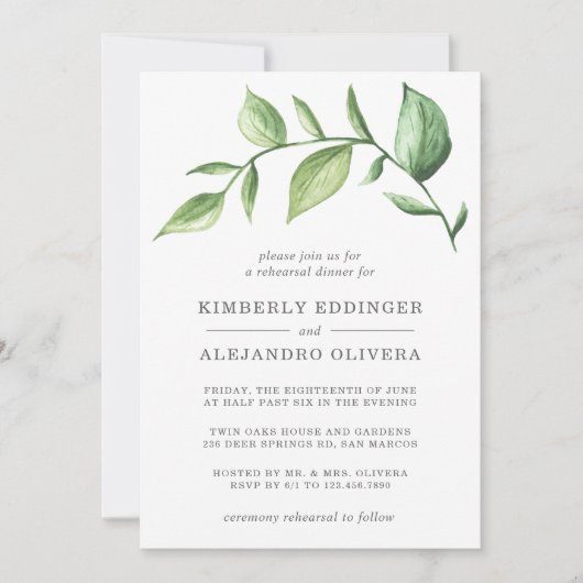 Rustische Waterverf Greenery Sprig Rehearsal Dinne Kaart (Voorkant)