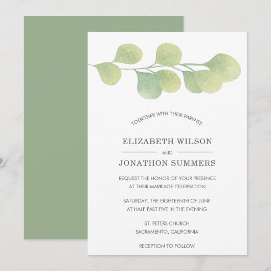 Rustische Waterverf Greenery Wedding Invitation Kaart (Voorkant / Achterkant)