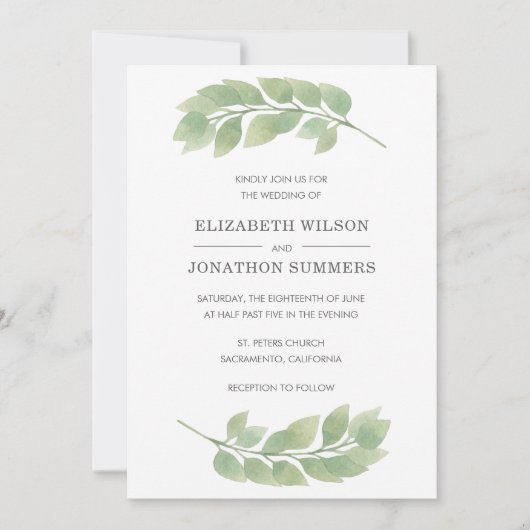 Rustische Waterverf Greenery Wedding Invitation Kaart (Voorkant)