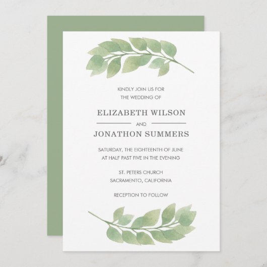 Rustische Waterverf Greenery Wedding Invitation Kaart (Voorkant / Achterkant)