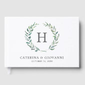 Rustische Waterverf Greenery Wreath Monogram Weddi Gastenboek (Voorkant)