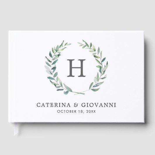 Rustische Waterverf Greenery Wreath Monogram Weddi Gastenboek (Voorkant)