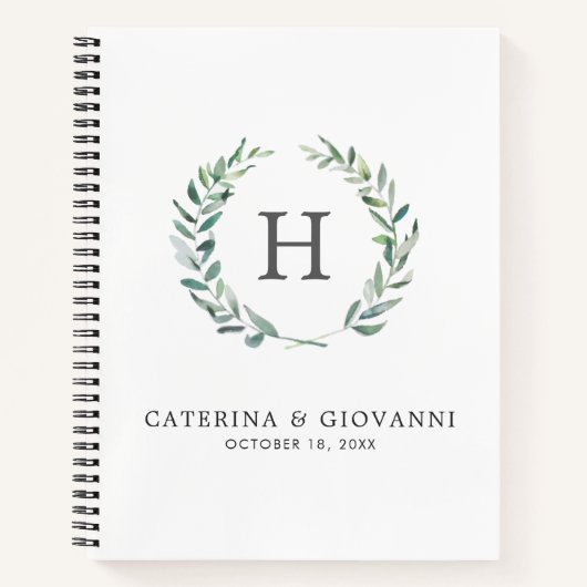 Rustische Waterverf Greenery Wreath Monogram Weddi Notitieboek (Voorkant)