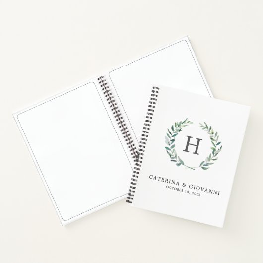 Rustische Waterverf Greenery Wreath Monogram Weddi Notitieboek (Binnen)
