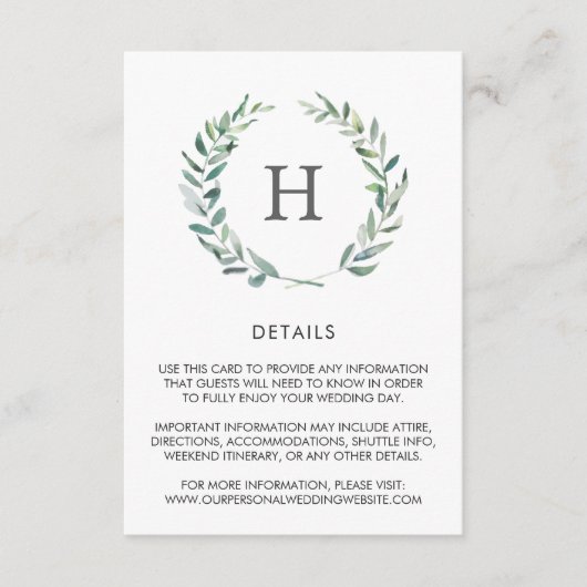Rustische Waterverf Greenery Wreath Wedding Detail Informatiekaartje (Voorkant)