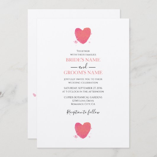 Rustische Waterverf Heart Wedding Invitations Kaart (Voorkant / Achterkant)