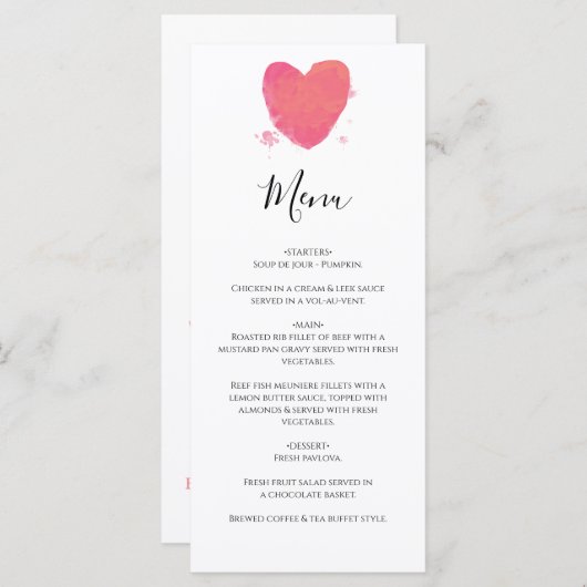 Rustische Waterverf Heart Wedding Menu (Voorkant / Achterkant)