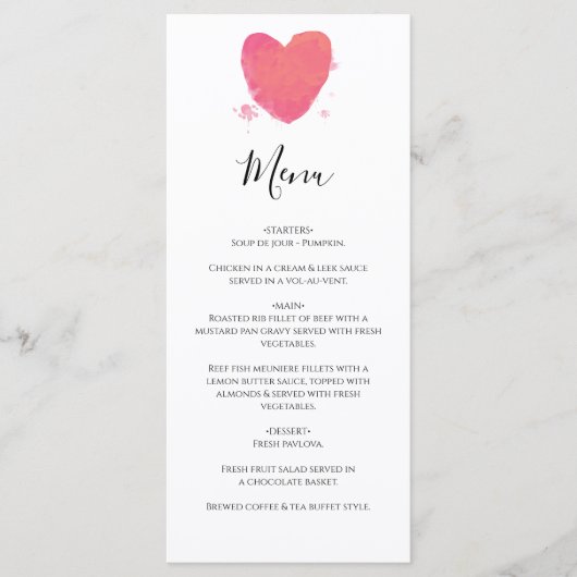 Rustische Waterverf Heart Wedding Menu (Voorkant)