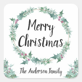 Rustische Waterverf Holly Wreath Merry Kerstmis Vierkante Sticker
