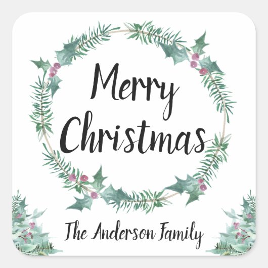 Rustische Waterverf Holly Wreath Merry Kerstmis Vierkante Sticker (Voorkant)