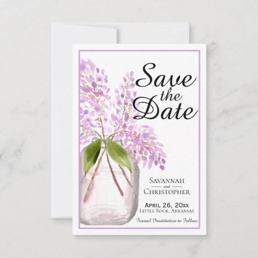 Rustische Waterverf Jar van Lila bloemen bruiloft Save The Date (Voorkant)