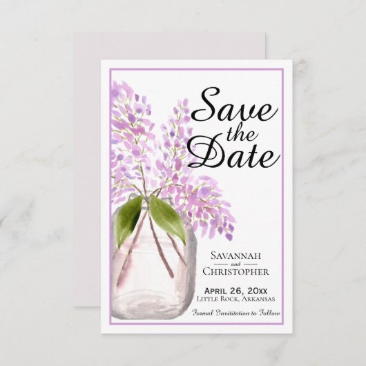Rustische Waterverf Jar van Lila bloemen bruiloft Save The Date (Voorkant / Achterkant)