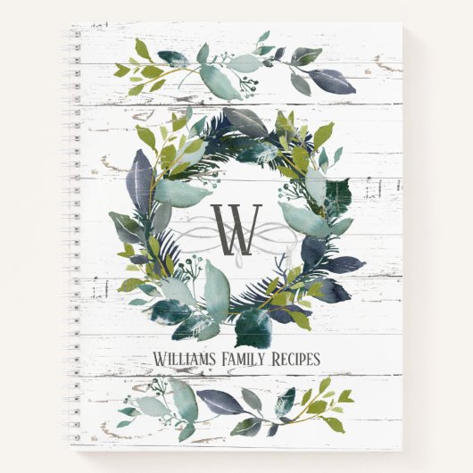 Rustische Waterverf Laurel Wreath Monogram Recipe Notitieboek (Voorkant)