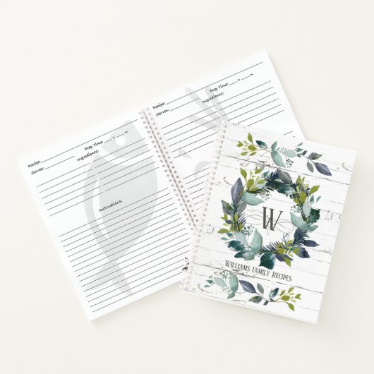 Rustische Waterverf Laurel Wreath Monogram Recipe Notitieboek (Binnen)