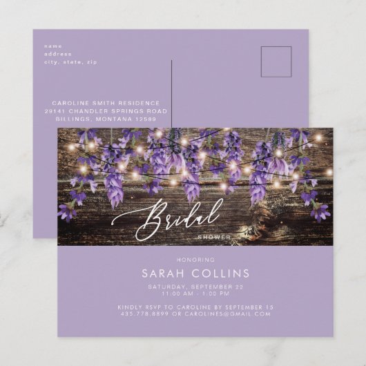 Rustische Waterverf Lavender Bridal Rustic Shower Uitnodiging Briefkaart (Voorkant / Achterkant)