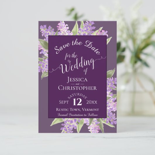Rustische Waterverf Lilacs Calligraphy Plum Weddin Save The Date (Staand voorkant)