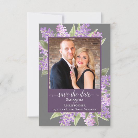 Rustische Waterverf Lilacs & Foto Gray Wedding Save The Date (Voorkant)