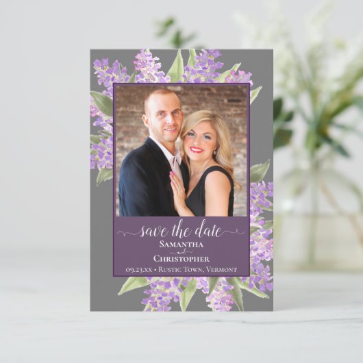 Rustische Waterverf Lilacs & Foto Gray Wedding Save The Date (Staand voorkant)
