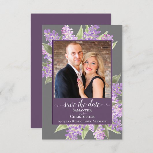 Rustische Waterverf Lilacs & Foto Gray Wedding Save The Date (Voorkant / Achterkant)