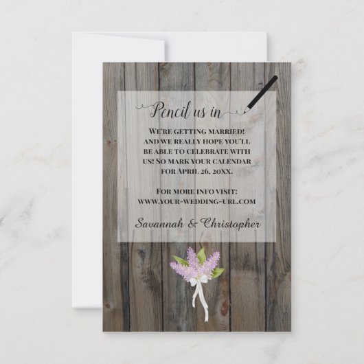 Rustische Waterverf Lilacs op houtenfoto's Save The Date (Achterkant)