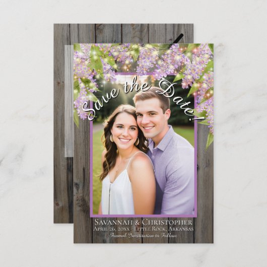 Rustische Waterverf Lilacs op houtenfoto's Save The Date (Voorkant / Achterkant)