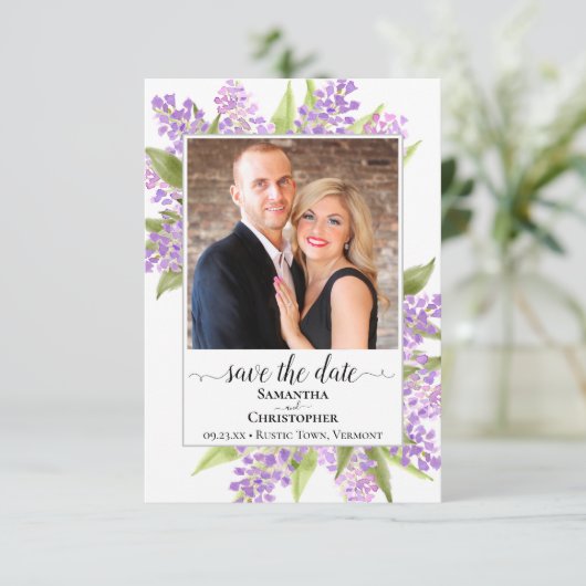 Rustische Waterverf Lilacs & Photo Simple Wedding Save The Date (Staand voorkant)