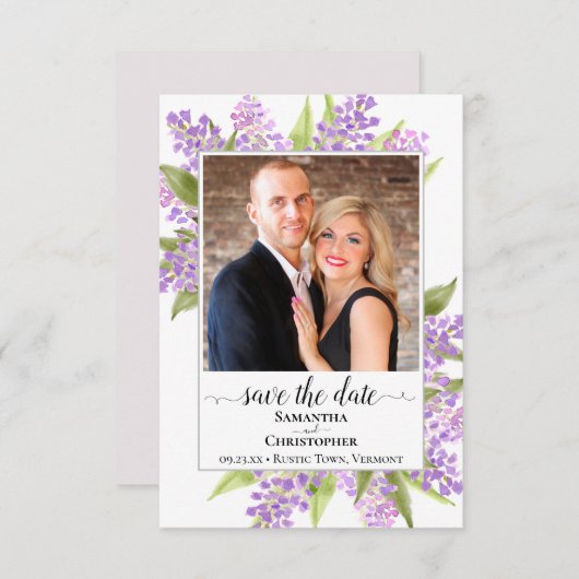 Rustische Waterverf Lilacs & Photo Simple Wedding Save The Date (Voorkant / Achterkant)